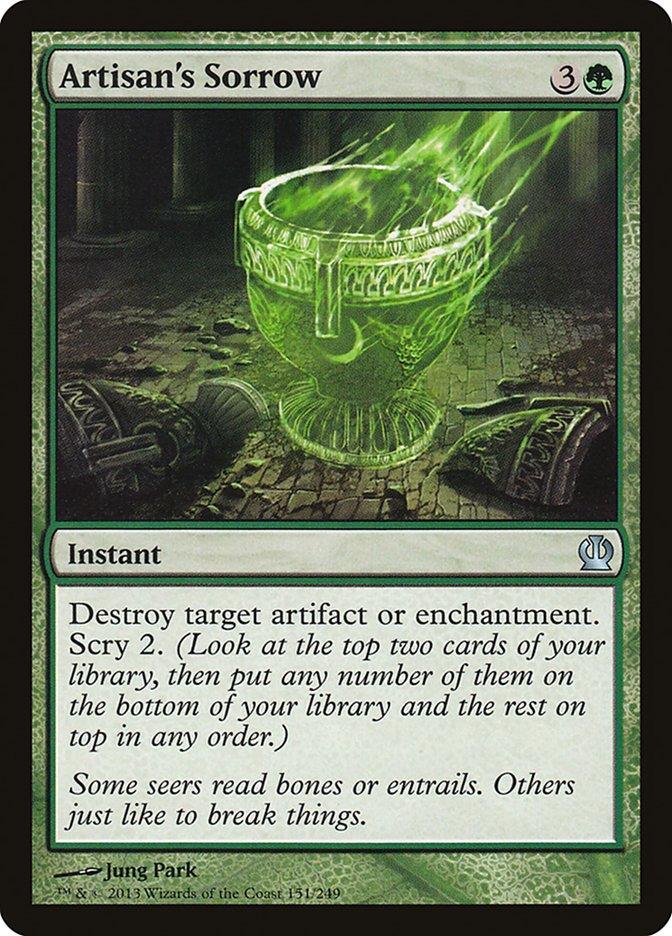 The card "Artisan's Sorrow" from Magic: The Gathering features a mystical green bowl with intricate text, enabling you to scry the future while considering the power to destroy artifacts or enchantments.