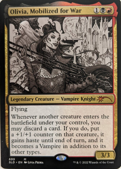 A Magic: The Gathering card titled "Olivia, Mobilized for War (Sketch) [Secret Lair Drop Promos]". This Legendary Creature is a Vampire Knight adorned in ornate armor, standing against a cityscape. With gold, black, and red borders, it costs one colorless, one black, and one red mana and boasts 3 power and 3 toughness. The text describes its abilities.