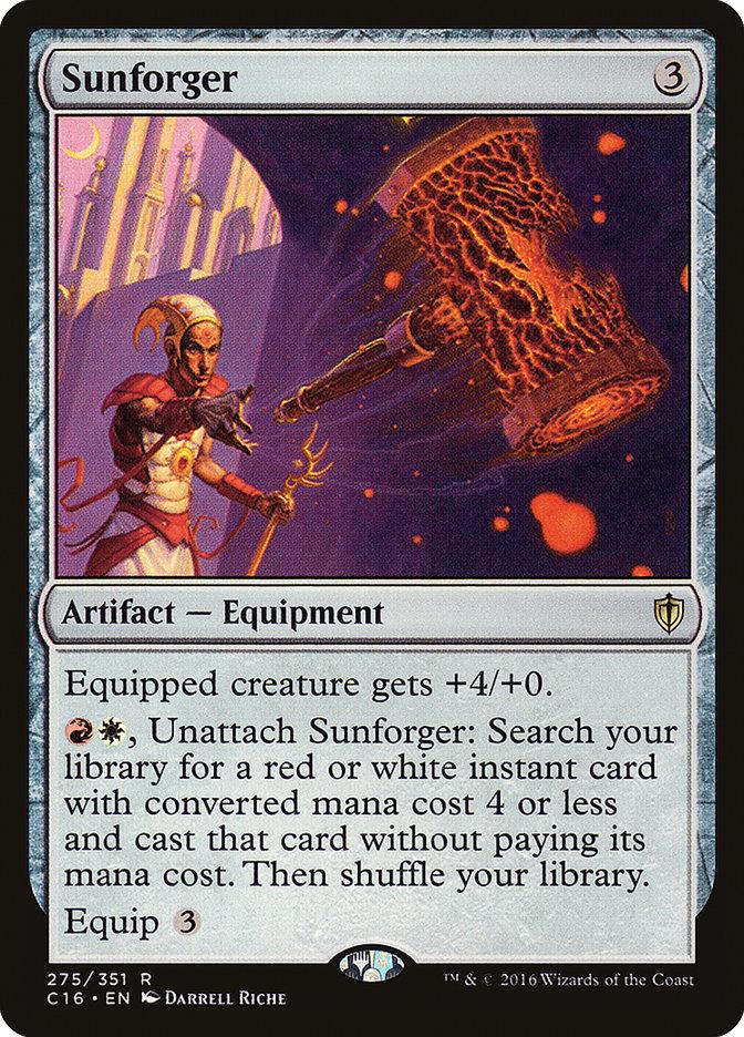 A "Sunforger [Commander 2016]" Magic: The Gathering card from Commander 2016. This Artifact Equipment, with a casting cost of 3 mana, features a character wielding a large, glowing hammer. Its abilities include boosting a creature's power and fetching red or white instant spells from your deck.