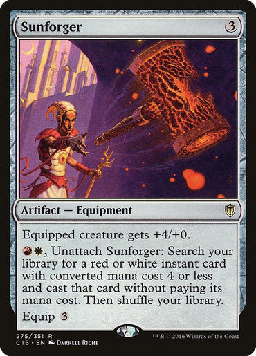 A "Sunforger [Commander 2016]" Magic: The Gathering card from Commander 2016. This Artifact Equipment, with a casting cost of 3 mana, features a character wielding a large, glowing hammer. Its abilities include boosting a creature's power and fetching red or white instant spells from your deck.