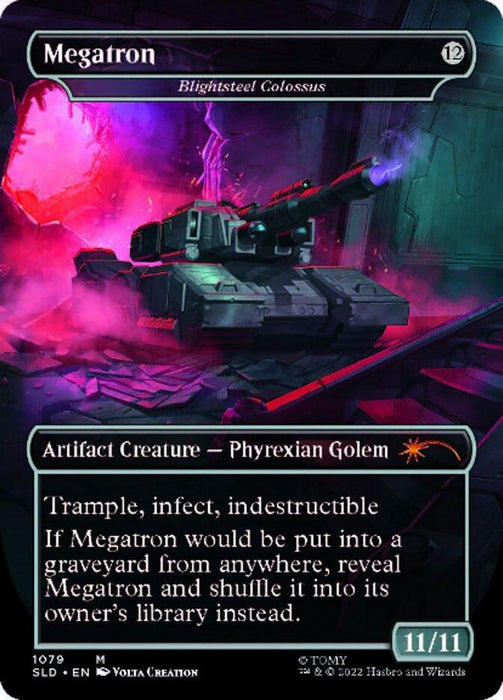A Magic: The Gathering card titled "Blightsteel Colossus - Megatron (Borderless) [Secret Lair Drop Series]." This mythic card features artwork of a menacing, heavily-armored tank in a sci-fi setting with glowing red and blue lights. It is labeled as an "Artifact Creature – Phyrexian Golem" with Trample, Infect, and Indestructible. The power and toughness are 11/