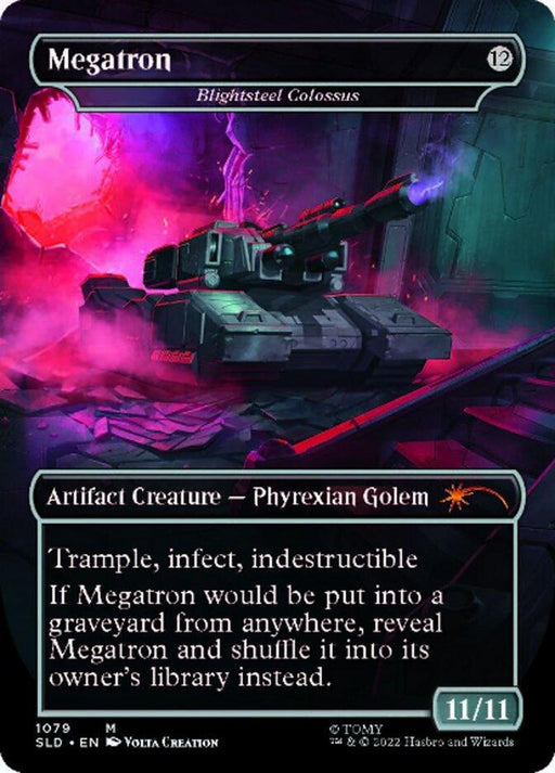 A Magic: The Gathering card titled "Blightsteel Colossus - Megatron (Borderless) [Secret Lair Drop Series]." This mythic card features artwork of a menacing, heavily-armored tank in a sci-fi setting with glowing red and blue lights. It is labeled as an "Artifact Creature – Phyrexian Golem" with Trample, Infect, and Indestructible. The power and toughness are 11/