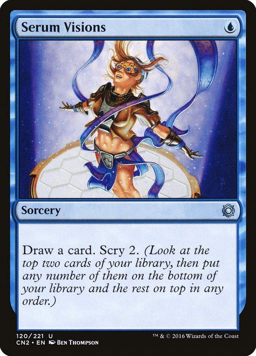 A Magic: The Gathering card titled "Serum Visions [Conspiracy: Take the Crown]" features a blonde woman with glasses in a flowing garment, surrounded by glowing blue energy. The Sorcery card reads: "Draw a card. Scry 2." (Look at the top two cards of your library, then rearrange them on top or on bottom.) It's adorned with a blue border.