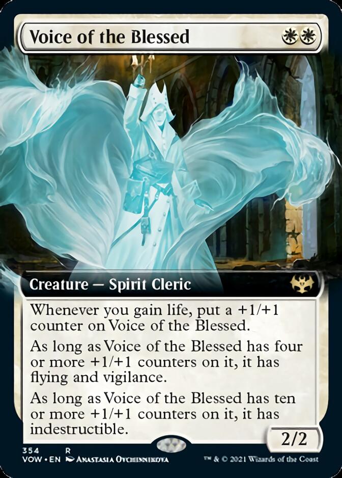 Voice of the Blessed (Extended Art) [Innistrad: Crimson Vow]" is a Magic: The Gathering card from Innistrad: Crimson Vow, costing white mana. It features an ethereal blue Creature — Spirit Cleric surrounded by glowing energy. Its abilities boost its power and resilience with +1/+1 counters, denoted by a gold rarity symbol.
