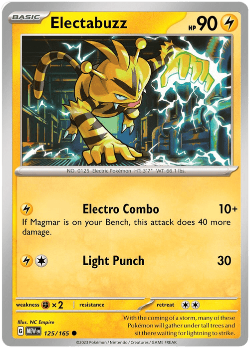 A Pokémon trading card for Electabuzz (125/165) [Scarlet & Violet: 151], a Basic Electric Pokémon with 90 HP. The card shows Electabuzz in an aggressive stance, emitting lightning sparks. It features two attacks: Electro Combo and Light Punch. From the Scarlet & Violet 151 set, it has a weakness to Fighting type and a retreat cost of one energy.