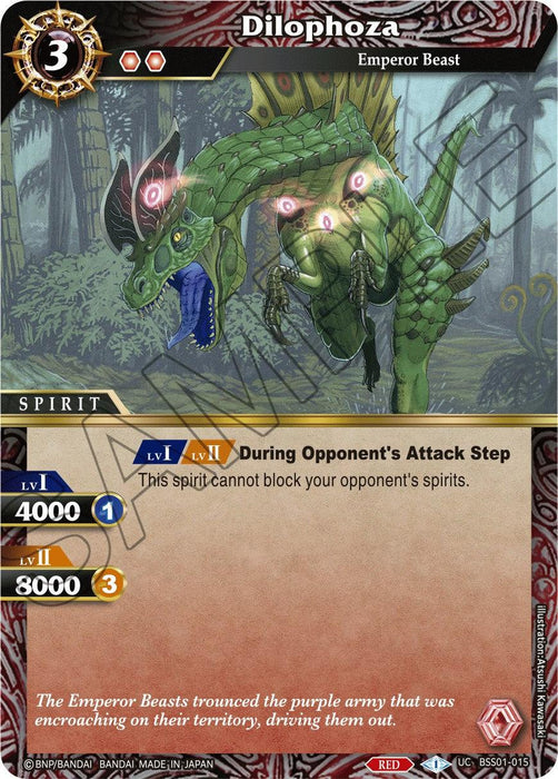 A trading card featuring "Dilophoza (BSS01-015) [Dawn of History]" from the Bandai collection. The card showcases a green, dragon-like creature with glowing eyes and multiple red and gold orbs on its body. This Spirit type has stats: Level 1: 4000, Level 2: 8000. Special abilities are detailed in the text box. The edges are red and gray.