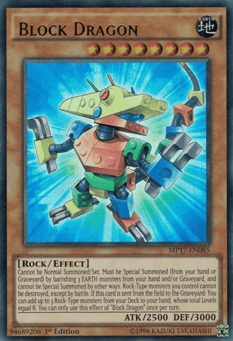 This Ultra Rare Yu-Gi-Oh! trading card from the 2017 Mega-Tins features Block Dragon [MP17-EN085] Ultra Rare. It's an EARTH-attribute, Level 8 Rock/Effect monster with 2500 ATK and 3000 DEF. The image depicts a colorful, block-like dragon, and the effect outlines its special summoning conditions, protection for Rock-type monsters, and graveyard retrieval.