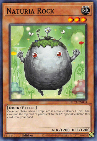 The Yu-Gi-Oh! trading card "Naturia Rock (Duel Terminal) [HAC1-EN094] Parallel Rare" showcases a round, moss-covered creature with small flowers and antennae, standing on stump-like legs. This Earth attribute Effect Monster has three stars and boasts attack and defense points of 1200. Its unique effect makes it ideal for Special Summon scenarios.