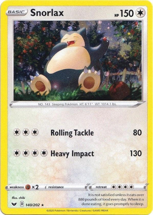 A Snorlax (140/202) (Cosmos Holo) [Sword & Shield: Base Set] Pokémon card with yellow borders. The card shows a color illustration of Snorlax sleeping under a tree in a grassy area. It has 150 HP and features two attacks: Rolling Tackle (80 damage) and Heavy Impact (130 damage). From the Sword & Shield series, the Rare card is numbered 140/202 and illustrated by chibi.