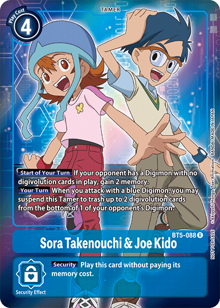 This Digimon Tamer card, Sora Takenouchi & Joe Kido [BT5-088] (Buy-A-Box Promo) [Battle of Omni Promos], features Sora in a pink hat and red shorts alongside Joe in a blue shirt and light blue pants. With a play cost of 4, it offers effects like gaining memory and suspending the tamer, and also includes a security effect at the bottom.