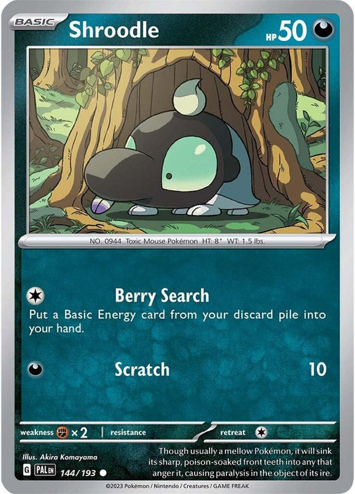 A Pokémon trading card of Shroodle (144/193) [Scarlet & Violet: Paldea Evolved] from the Pokémon series with HP 50. Shroodle is depicted as a small, rodent-like creature with large eyes, a big nose, and long ears. Its attacks are "Berry Search" and "Scratch," dealing 10 damage. The card includes its height (8 inches) and weight (1.5 lbs).