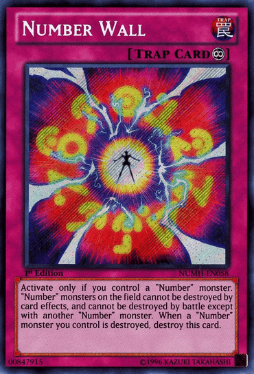 Yu-Gi-Oh! card titled "Number Wall [NUMH-EN058] Secret Rare." The magenta-bordered card features a colorful burst of energy with various abstract shapes and number-like symbols floating around. Labeled "TRAP CARD" at the top, this Continuous Trap card is perfect for protecting your Number monsters. Detailed card text adorns the bottom.