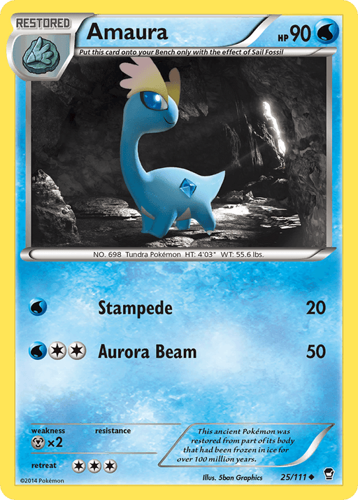 A Pokémon trading card featuring Amaura (25/111) [XY: Furious Fists], a blue, dinosaur-like creature with a gemstone on its side and a frill on its head. With 90 HP, it displays Stampede (20 damage) and Aurora Beam (50 damage). Part of the "Restored" category from Furious Fists, this uncommon card is numbered 25/111. In the background, Amaura stands in a
