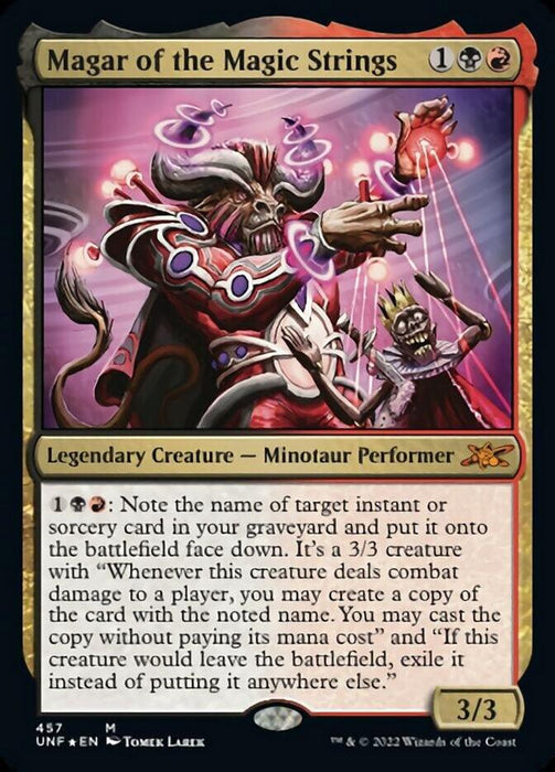 A detailed illustration of a "Magic: The Gathering" card titled "Magar of the Magic Strings (Galaxy Foil) [Unfinity]." The card features a red-skinned Minotaur performer manipulating marionette strings. The gold border denotes this Legendary Creature, highlighting its abilities and 3/3 stats.