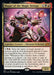 A detailed illustration of a "Magic: The Gathering" card titled "Magar of the Magic Strings (Galaxy Foil) [Unfinity]." The card features a red-skinned Minotaur performer manipulating marionette strings. The gold border denotes this Legendary Creature, highlighting its abilities and 3/3 stats.