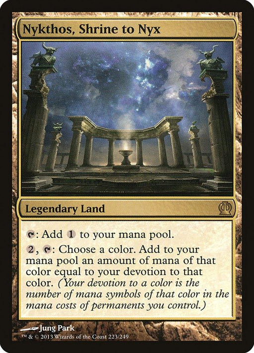 The image depicts a Magic: The Gathering product named "Nykthos, Shrine to Nyx [Theros]." It has a colorless border and features artwork of an ancient stone shrine with columns and a central altar. As a Legendary Land, it boasts two abilities involving devotion to add mana to the player's mana pool.