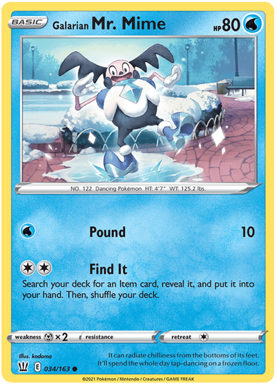 A Galarian Mr. Mime (034/163) [Sword & Shield: Battle Styles] Pokémon card features an illustration of Mr. Mime dancing next to a snowy outdoor pond, reminiscent of the Sword & Shield series. The card displays its HP of 80, attacks 