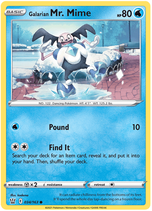 A Galarian Mr. Mime (034/163) [Sword & Shield: Battle Styles] Pokémon card features an illustration of Mr. Mime dancing next to a snowy outdoor pond, reminiscent of the Sword & Shield series. The card displays its HP of 80, attacks "Pound" and "Find It," and its weight and height (4'7" and 125.2 lbs). The background includes trees and a fence in a winter setting.