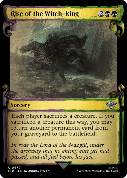 A Magic: The Gathering card titled "Rise of the Witch-king [The Lord of the Rings: Tales of Middle-Earth Showcase Scrolls]" from the Tales of Middle-Earth series. It has a black and green border, depicting a dark, armored figure on horseback in a stormy, desolate landscape. The Sorcery card costs 2 colorless mana, 1 black, and 1 green. It reads, "Each player sacrifices a creature...