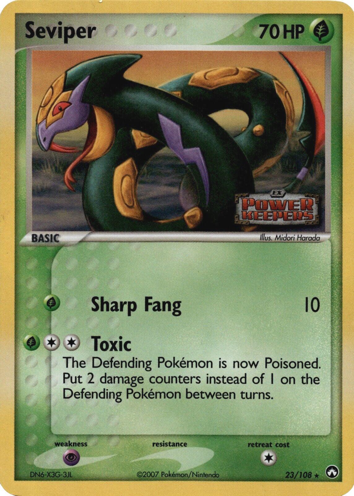 A rare Seviper (23/108) (Stamped) [EX: Power Keepers] Pokémon trading card with 70 HP from the 2007 EX: Power Keepers set. Seviper is depicted as a dark green snake with purple scar patterns. The card displays two attacks: 