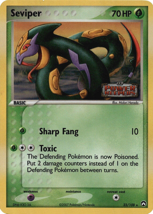 A rare Seviper (23/108) (Stamped) [EX: Power Keepers] Pokémon trading card with 70 HP from the 2007 EX: Power Keepers set. Seviper is depicted as a dark green snake with purple scar patterns. The card displays two attacks: "Sharp Fang" which deals 10 damage, and "Toxic" which poisons the defending Pokémon and adds 2 damage counters between turns.
