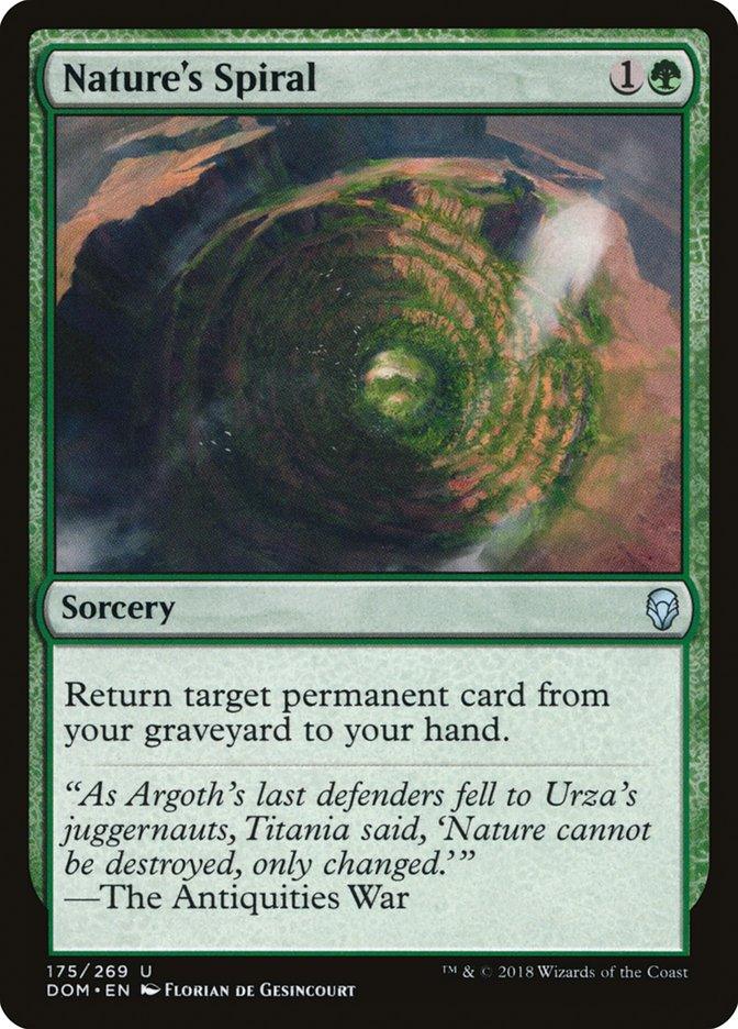 A Magic: The Gathering card from Dominaria titled Nature's Spiral [Dominaria]. The card has a green border and costs one green and one generic mana. The artwork shows a swirling, green spiral with glowing highlights. As a sorcery, the text reads, 