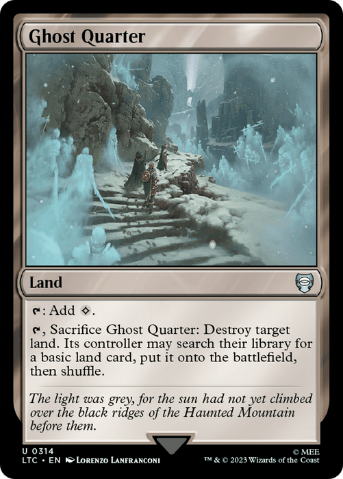 A Magic: The Gathering card named "Ghost Quarter [The Lord of the Rings: Tales of Middle-Earth Commander]." This land card showcases an eerie scene of mist-covered ruins reminiscent of Middle-Earth, with ghostly figures and rocky terrain. Its text details abilities like adding one colorless mana and allowing the controller to destroy a target land.