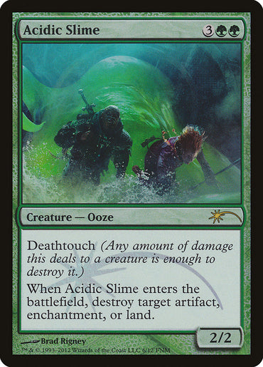 The Magic: The Gathering card "Acidic Slime" [Friday Night Magic 2012] features a gooey creature with tendrils, boasting 2/2 stats, Deathtouch, and the ability to destroy an artifact, enchantment, or land upon entering. Cost: 3GG.