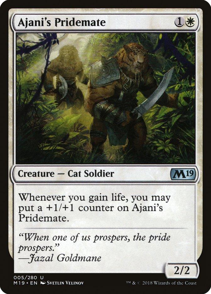 Ajani's Pridemate [Core Set 2019] from Magic: The Gathering is a card featuring a Cat Soldier that costs 1 generic and 1 white mana. It depicts a muscular feline warrior with a sword in a lush forest, starting with 2/2 stats, and its strength grows each time you gain life.