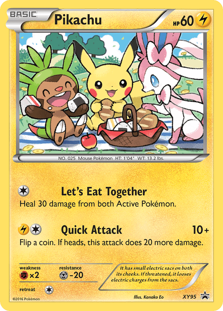 The Pokémon Black Star Promo trading card called Pikachu (XY95) from the XY: Black Star Promos series features HP 60, an electric type, and a Pokédex number of 025. On this card, Pikachu is depicted enjoying a picnic with Chespin and Sylveon. The card includes two moves: "Let's Eat Together" and "Quick Attack," along with detailed stats such as weaknesses and resistances at the bottom.