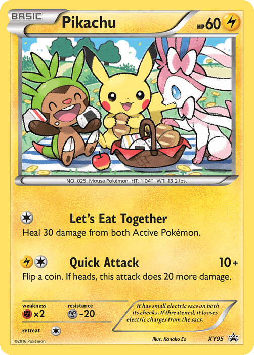 The Pokémon Black Star Promo trading card called Pikachu (XY95) from the XY: Black Star Promos series features HP 60, an electric type, and a Pokédex number of 025. On this card, Pikachu is depicted enjoying a picnic with Chespin and Sylveon. The card includes two moves: "Let's Eat Together" and "Quick Attack," along with detailed stats such as weaknesses and resistances at the bottom.