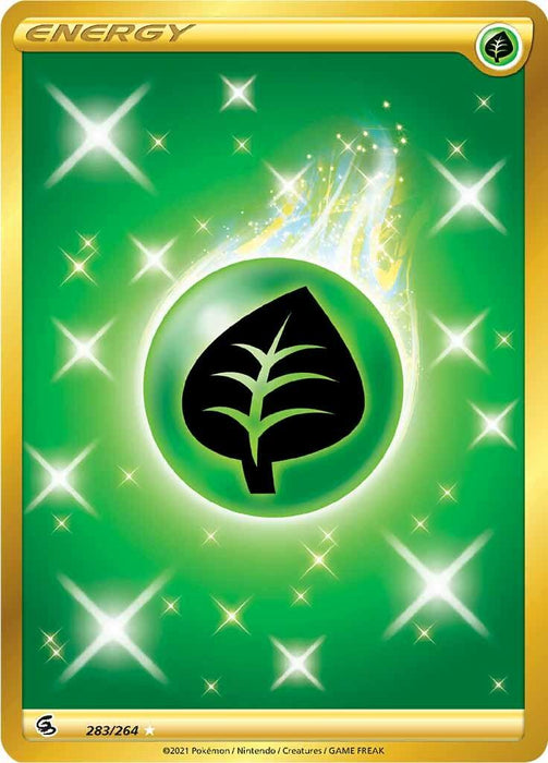 This Grass Energy (283/264) [Sword & Shield: Fusion Strike] card from the Pokémon brand features a Basic Energy design from the Sword & Shield: Fusion Strike series. It boasts a bright green background with white sparkles and a glowing, central symbol of a black leaf on a green energy orb. The top left corner reads "ENERGY" in silver text, with bottom text crediting Pokémon and related entities.