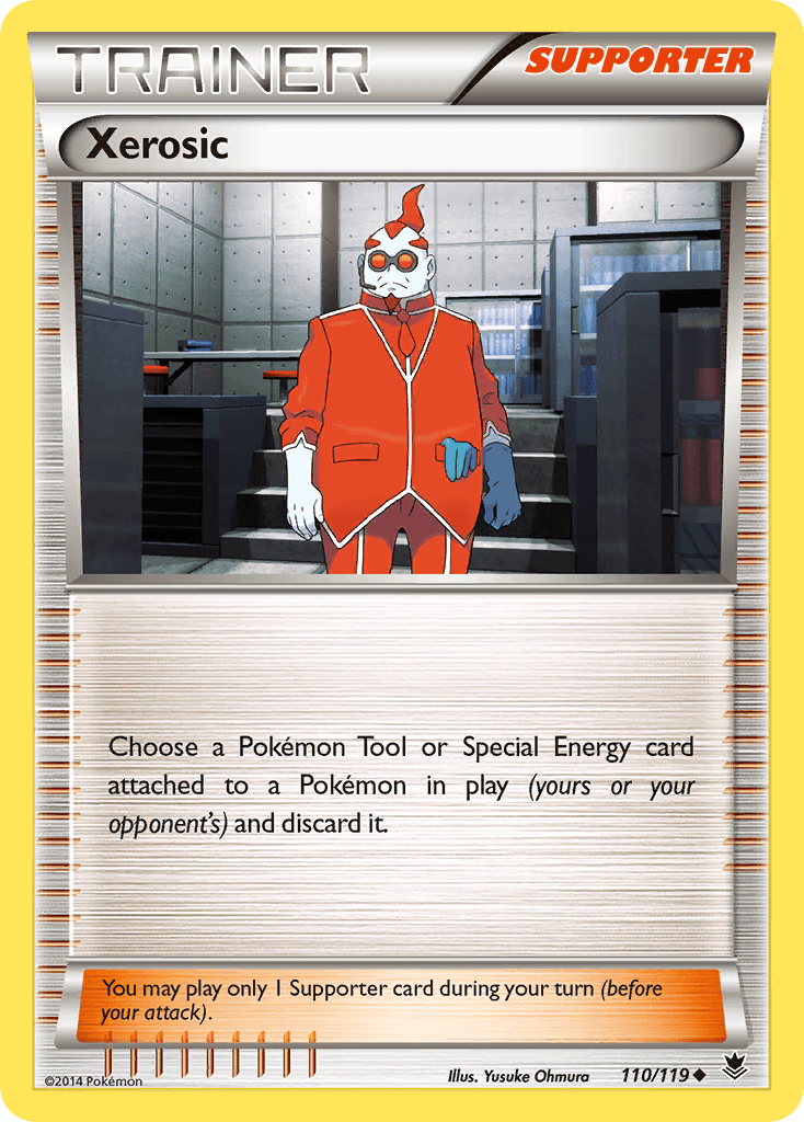 A Pokémon trading card featuring the character Xerosic as an Uncommon Trainer Supporter card from the Phantom Forces set. Xerosic is shown as a man in a red suit and glasses with large, red, triangular lenses. The product, called 