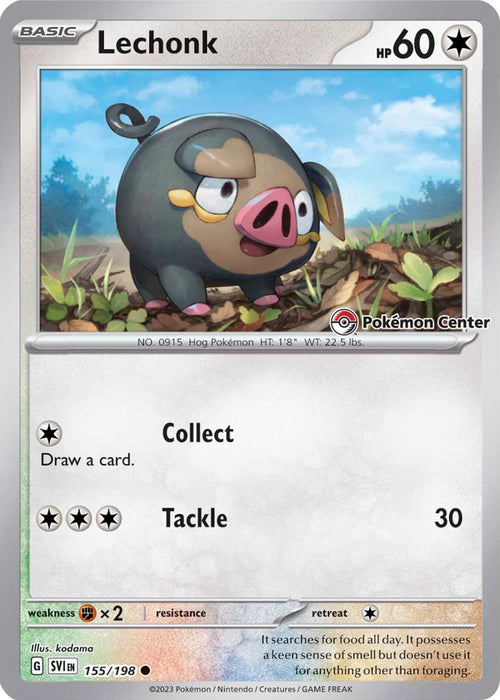 Lechonk (155/198) (Pokemon Center Exclusive) [Scarlet & Violet: Base Set] from Pokémon. It features a round, black pig-like Pokémon with brown patches, a pink snout, and big eyes. The card details 60 HP, moves "Collect" and "Tackle," and highlights its keen sense of smell. It's numbered 155/198 in this Colorless Base Set.