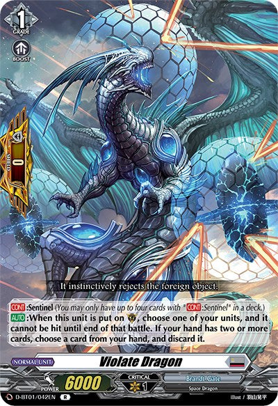 The Violate Dragon (D-BT01/042EN) trading card from Bushiroad's Cardfight!! Vanguard game features a blue and white Space Dragon encircled by orbs of light. This card is a Grade 1 unit with 6000 Power, 0 Shield, and has the ability to boost other units. It is affiliated with the Brandt Gate nation and is part of the Genesis of the Five Greats set, characterized by its black border.