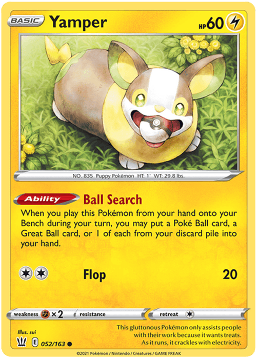 The image shows a Pokémon trading card for Yamper (052/163) [Sword & Shield: Battle Styles] from Pokémon. It has 60 HP and is of Lightning type. The card features an illustration of a cheerful Yamper playing with a Poké Ball in a grassy field. Its abilities include "Ball Search" and "Flop," and it has a weakness to Fighting and no resistance.
