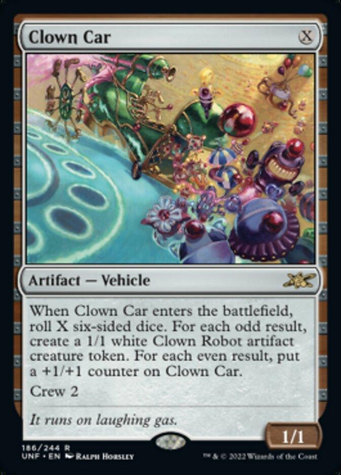 The Magic: The Gathering card titled "Clown Car [Unfinity]" is an Artifact Vehicle depicting a vibrant, chaotic scene of Clown Robots. Its cost is X, requiring you to roll X six-sided dice upon entering the battlefield. For each odd result, create a 1/1 white Clown Robot artifact creature token.