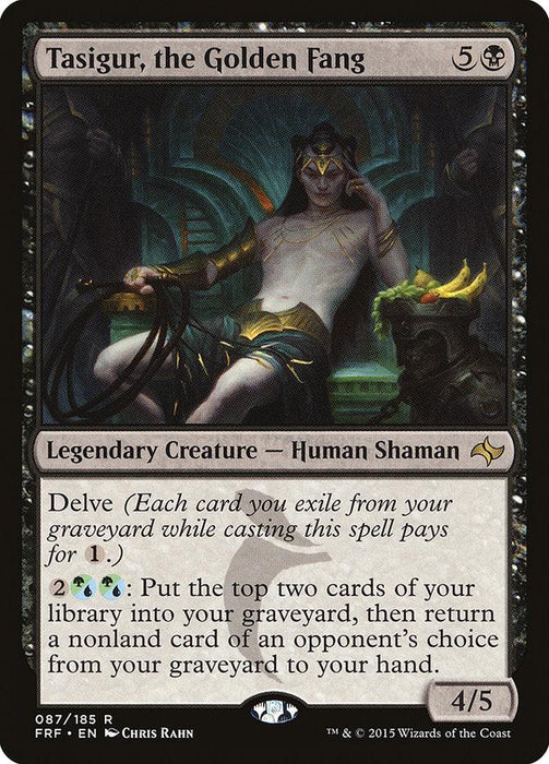 A Magic: The Gathering product titled "Tasigur, the Golden Fang [Fate Reforged]". This Legendary Creature and Human Shaman features detailed artwork of a regal figure lounging on a throne, holding a golden staff. Adorned with ornate jewelry and a headdress, it boasts 5 mana cost, 4/5 power and toughness, and several abilities.