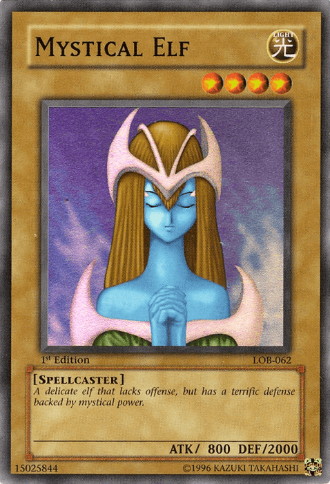 Introducing the "Mystical Elf [LOB-062] Super Rare" from Yu-Gi-Oh! This stunning trading card from The Legend of Blue Eyes White Dragon features a serene, blue-skinned female elf with long brown hair, closed eyes, and clasped hands. Designated as a 1st Edition card, this Super Rare Normal Monster boasts an ATK of 800 and a DEF of 2000.