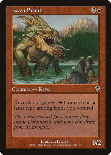 The Magic: The Gathering card "Kavu Scout [Invasion]" showcases a large, muscular creature with green scales, a gaping jaw, and sharp claws emerging from the water in Dominaria. It features a red border indicating it is a creature card. The text details the abilities and includes flavor text recounting the Kavu's evolution.