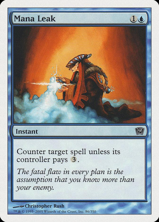 The image is of the Magic: The Gathering product "Mana Leak [Ninth Edition]" from the brand Magic: The Gathering. The card features an illustration of a spellcaster casting a spell that appears to be dissipating. This Instant costs 1 generic mana and 1 blue mana, with the text "Counter target spell unless its controller pays 3.