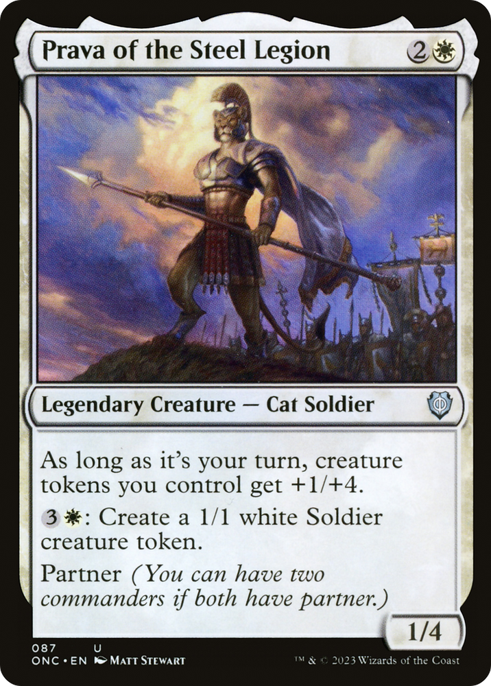 Illustration of a card titled "Prava of the Steel Legion [Phyrexia: All Will Be One Commander]." It features a legendary Cat Soldier adorned with a sword, helmet, and cape, positioned on a rocky ledge overlooking a sunset-lit landscape. This white-bordered Magic: The Gathering card displays stats and abilities beneath the image.