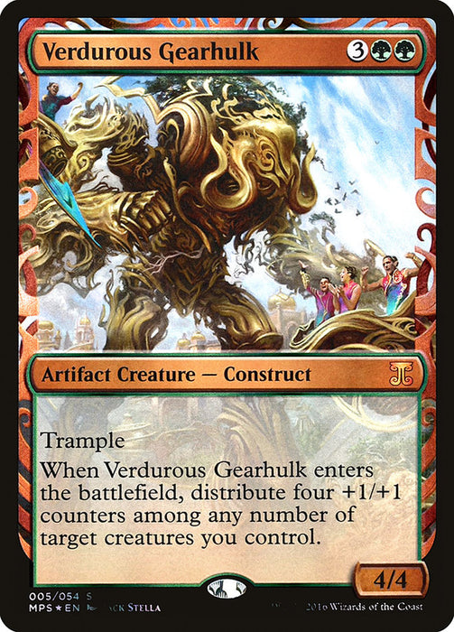 Verdurous Gearhulk [Kaladesh Inventions] from Magic: The Gathering is a green artifact creature. With a casting cost of 3 green-green, this 4/4 creature has Trample and allows you to distribute four +1/+1 counters among target creatures when it enters the battlefield.