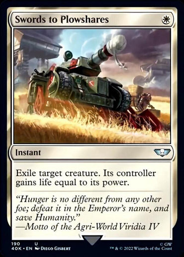 A "Magic: The Gathering" card titled "Swords to Plowshares [Warhammer 40,000]" with an uncommon rarity. The art depicts a tank serving as a plow in a field, inspired by Warhammer 40K aesthetics. The text reads: "Exile target creature. Its controller gains life equal to its power." Flavor text: "Hunger is no different from any other foe; defeat it.