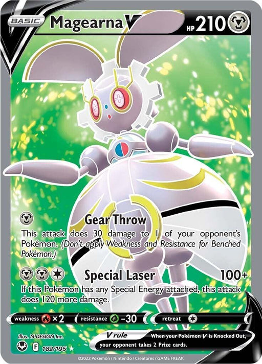 A Magearna V (182/195) [Sword & Shield: Silver Tempest] Pokémon card from the Pokémon series. This Ultra Rare card, with 210 HP, depicts Magearna V as a mechanical creature with a white and pink body, a grey face, and yellow eyes. It features the attacks Gear Throw and Special Laser against a green and yellow sparkling background.