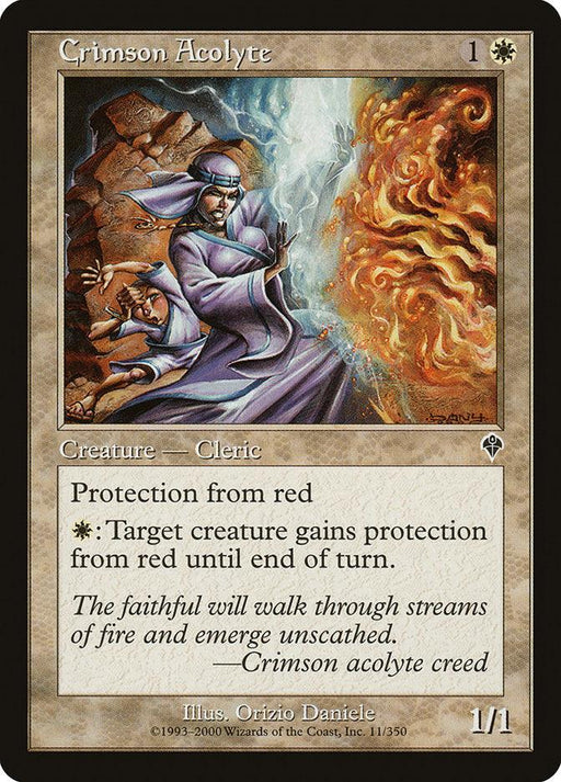 A Magic: The Gathering card titled "Crimson Acolyte [Invasion]." This Creature — Human Cleric is in flowing robes, casting a protective spell over a target creature behind them. The background shows fire and chaos, contrasting with the calm, protective stance of the cleric. The card text describes its protection from red abilities.