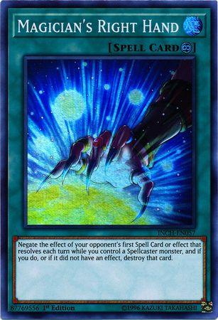 The image depicts a Yu-Gi-Oh! card named "Magician's Right Hand [INCH-EN057] Super Rare." The card features an illustration of a glowing, disembodied right hand emitting blue energy against a starry background. Text below describes its effect: it negates the first opponent's Spell Card or effect each turn if you control a Spellcaster monster, destroying it if successful.