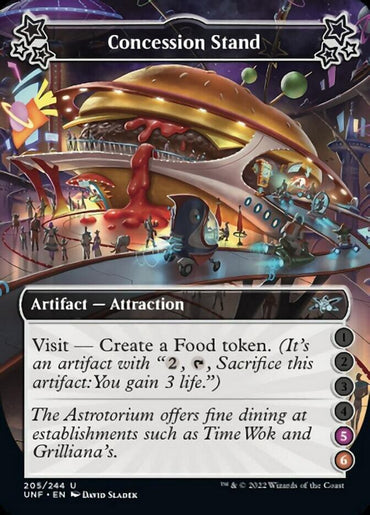 A Magic: The Gathering card titled "Concession Stand (5-6) [Unfinity]" from Magic: The Gathering. It depicts a flamboyant, otherworldly food stand with a giant burger and various food items. This artifact-attraction can generate Food tokens, which can be sacrificed to gain life. The flavor text mentions "The Astrotorium.