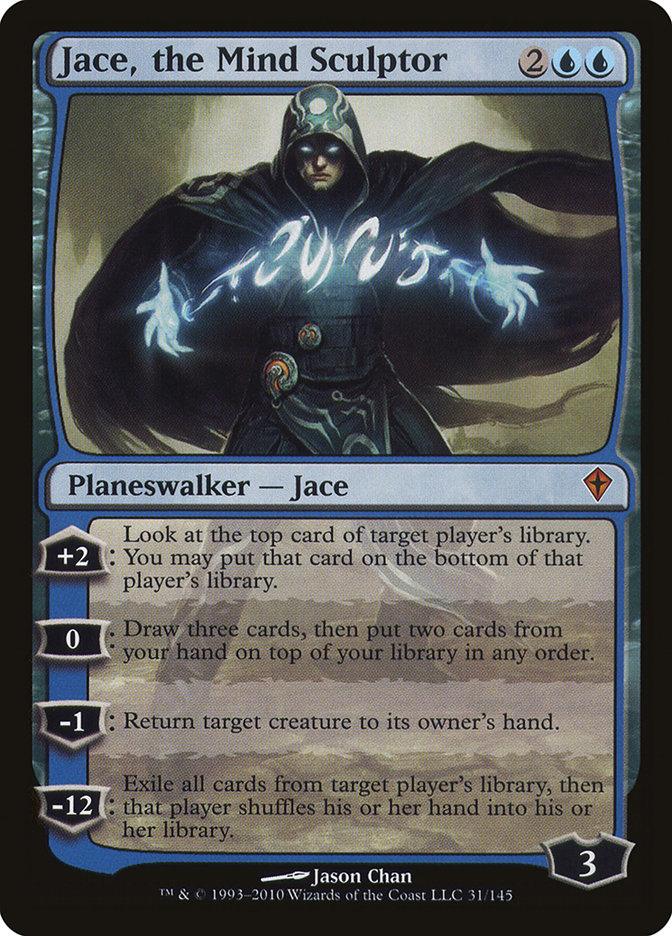 The image depicts a "Magic: The Gathering" card named "Jace, the Mind Sculptor [Worldwake]." This Legendary Planeswalker card showcases Jace in blue robes with glowing hands and symbols, casting a spell. It has abilities and a loyalty score, with artwork beautifully created by Jason Chan.