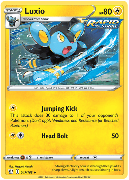 Luxio (047/163) [Sword & Shield: Battle Styles] from Pokémon. Luxio, a blue and black feline Pokémon with yellow eyes and a star-like tail, is shown jumping out of water. Marked as a Rapid Strike card with 80 HP, it features Jumping Kick and Head Bolt attacks. Illustrated by Megumi Higuchi, it's numbered 047/163 in Battle Styles.